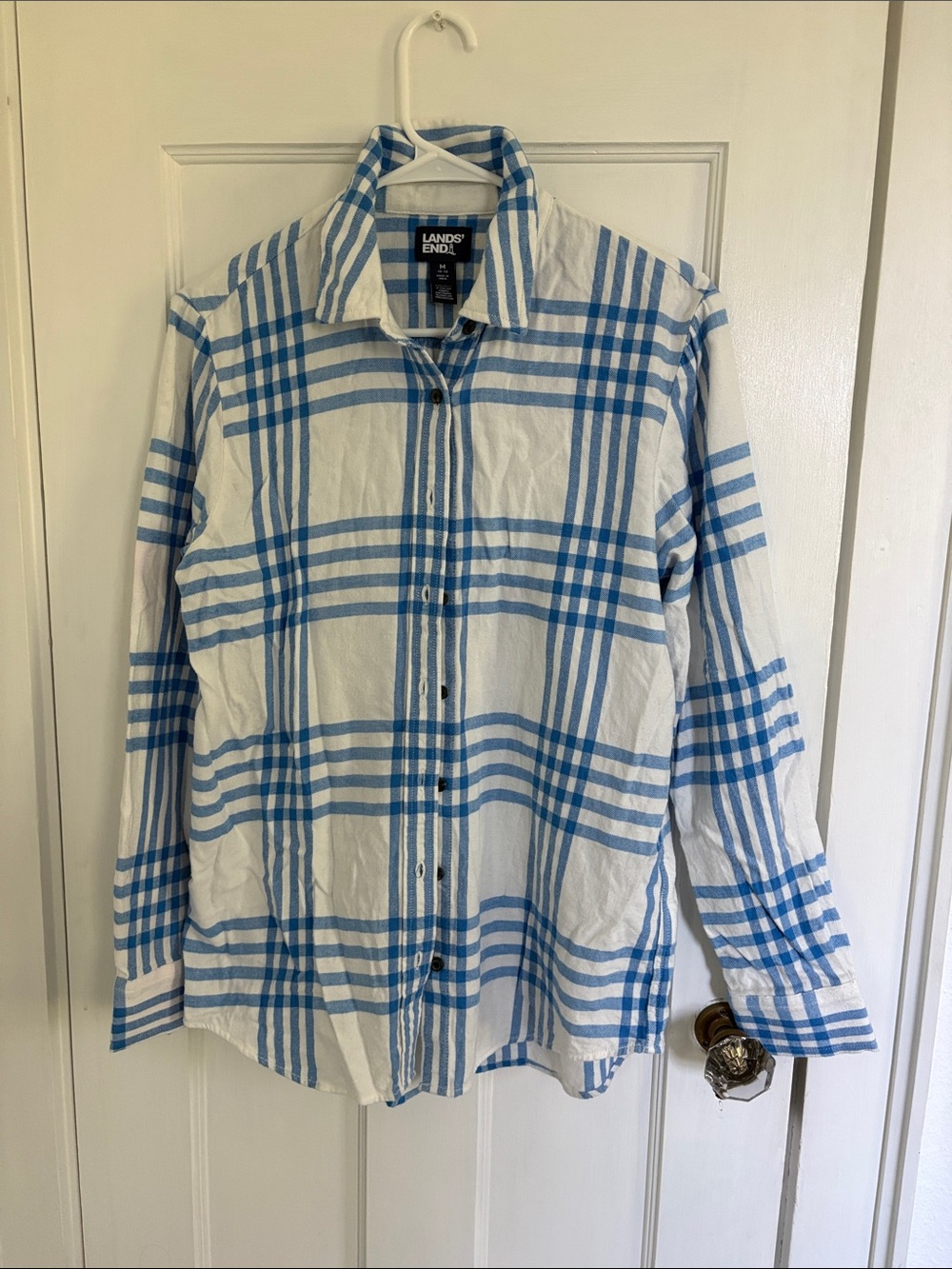Lands' End White and Blue Plaid Women’s Button-Down Shirt